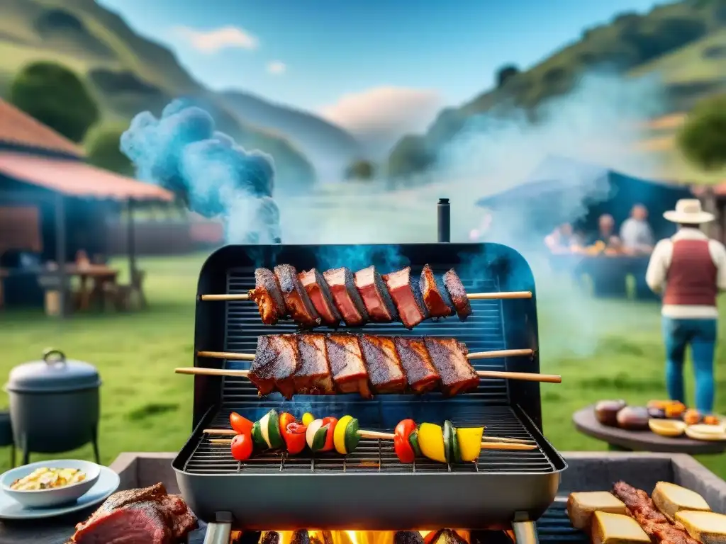 Un asado tradicional uruguayo en un día soleado, rodeado de amigos y familiares disfrutando de la carne a la parrilla