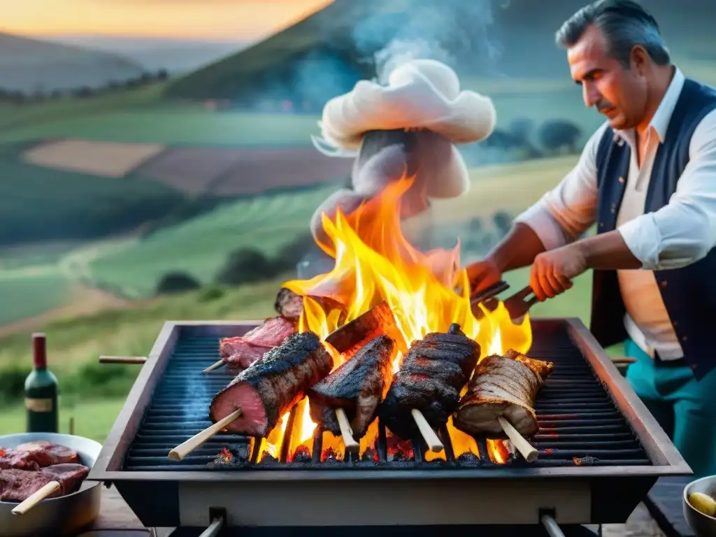 Un asado tradicional uruguayo en un entorno campestre, con locales disfrutando de una parrillada mientras el sol se pone