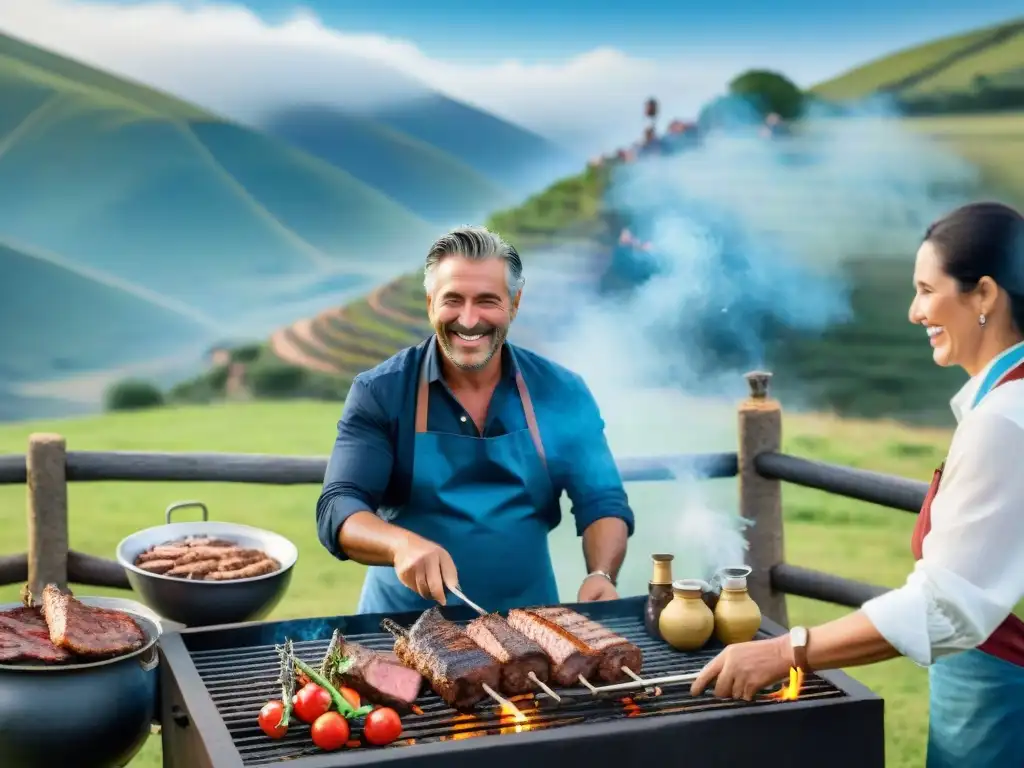 Un asado tradicional uruguayo en un entorno campestre pintoresco con gaucho y sabores auténticos