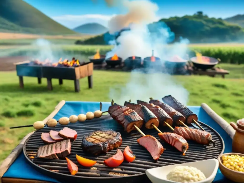 Un asado tradicional uruguayo con gauchos y carnes a la parrilla en un entorno campestre