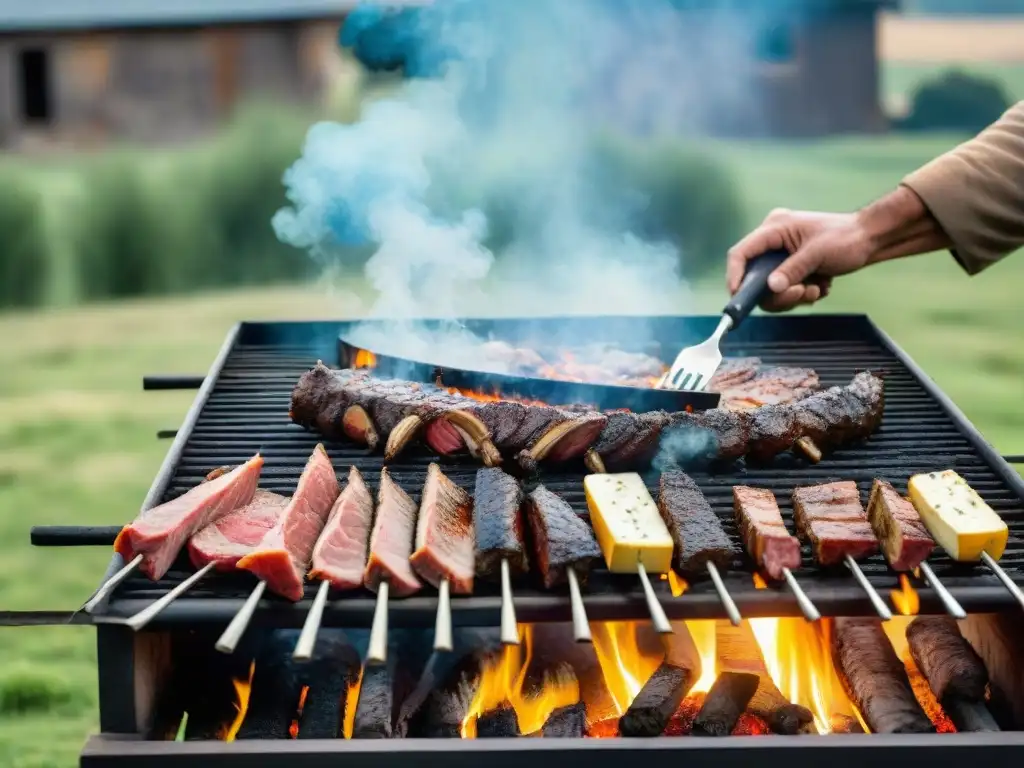 Un asado tradicional uruguayo en medio de la naturaleza, con un gaucho cocinando a la parrilla