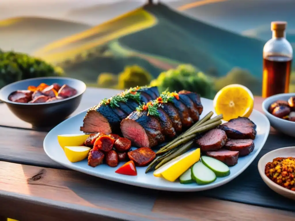 Un asado tradicional uruguayo en una mesa de madera rústica, con carnes suculentas, chorizos crujientes y verduras chamuscadas, en un paisaje de campo al atardecer dorado