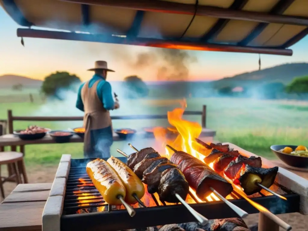 Un asado tradicional uruguayo en pleno apogeo con gauchos expertos y una parrilla llena de carne