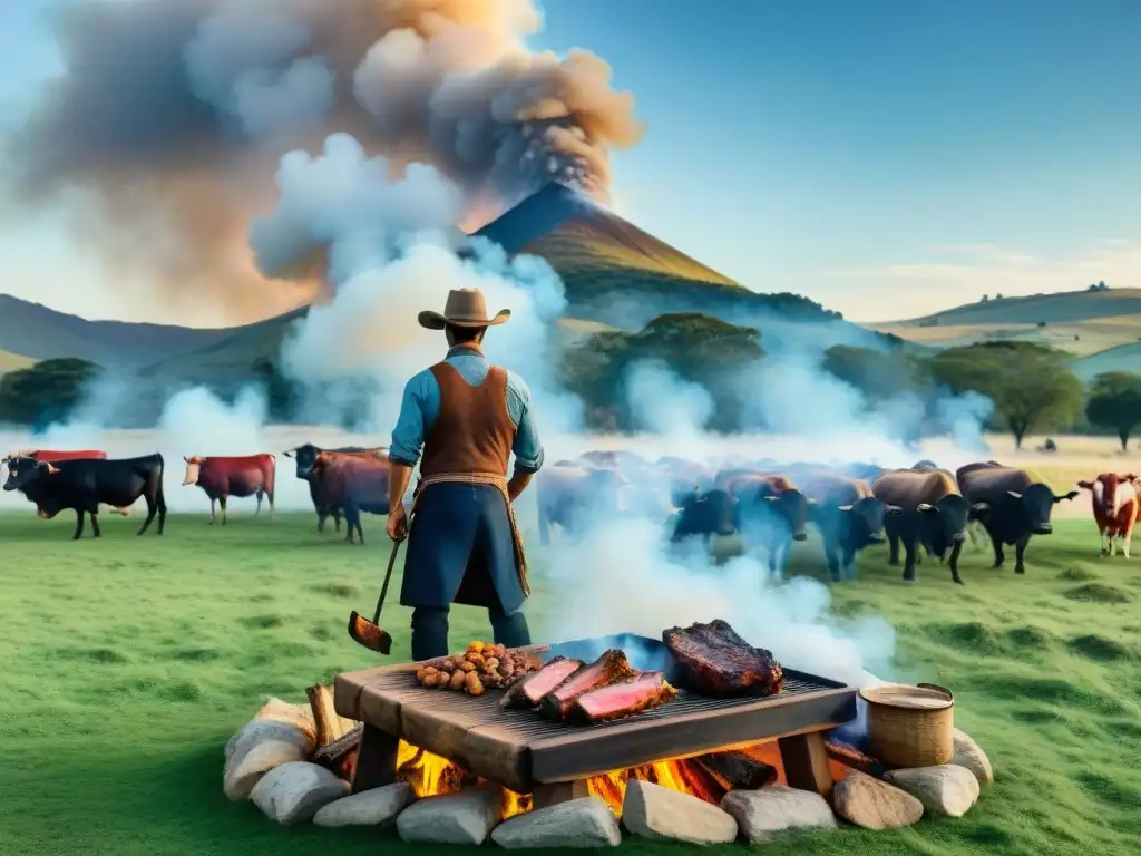 Un asado tradicional uruguayo en pleno campo, con gauchos expertos asando carne sobre fuego de leña