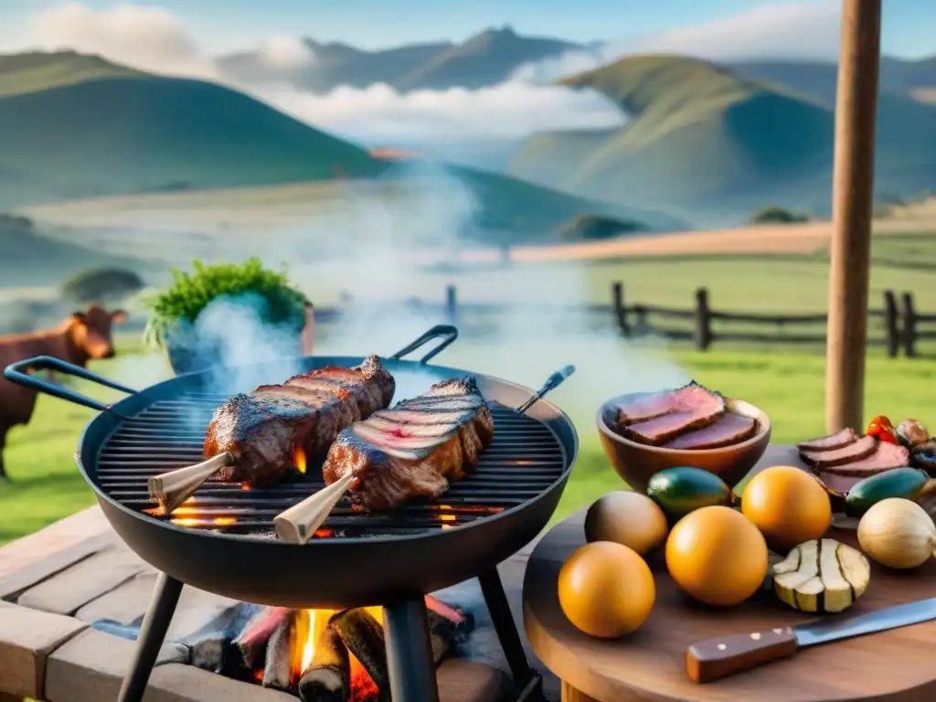 Un asado tradicional uruguayo en pleno apogeo, rodeado de decoración rústica y el paisaje campestre uruguayo