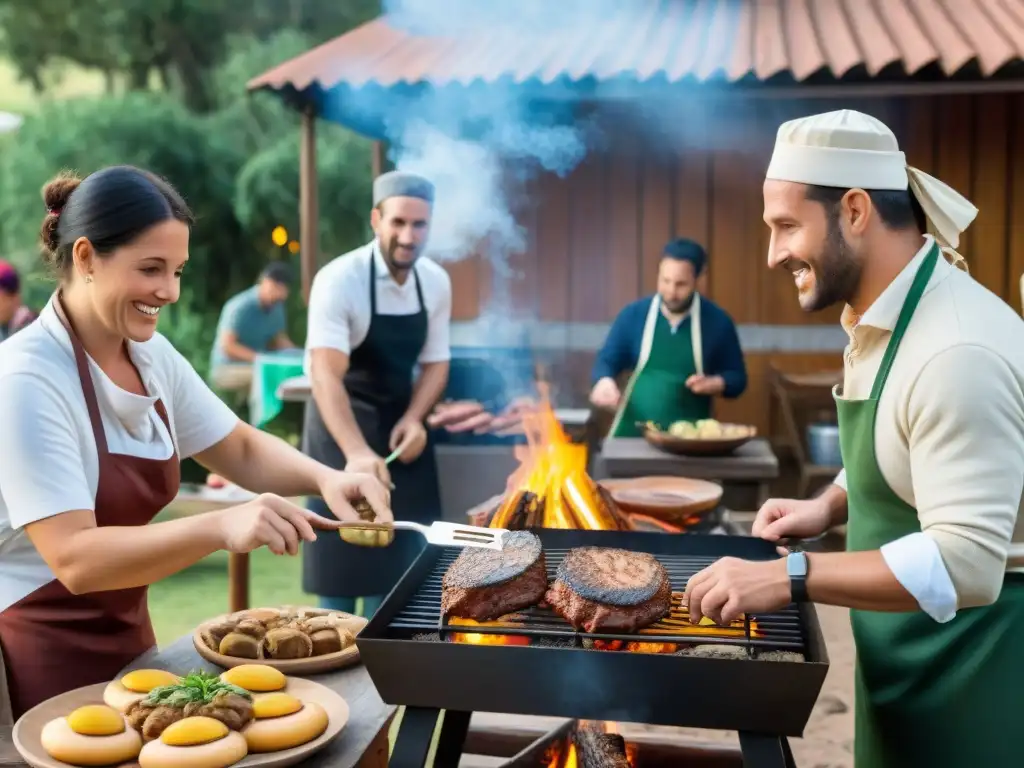 Un asado tradicional uruguayo con turistas aprendiendo recetas uruguayas para ocasiones especiales en un entorno rústico y soleado