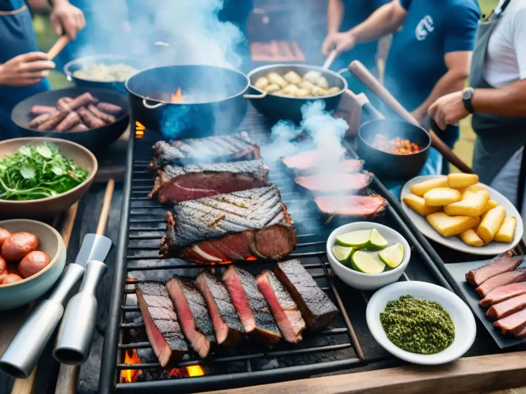 Un asado tradicional uruguayo con una variedad de carnes en la parrilla, gente charlando alrededor