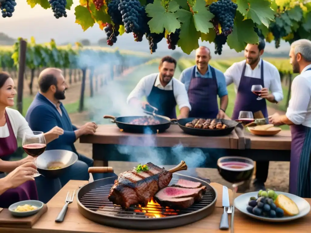 Un asado tradicional uruguayo en un viñedo pintoresco, maridaje gastronomía uruguaya vino local