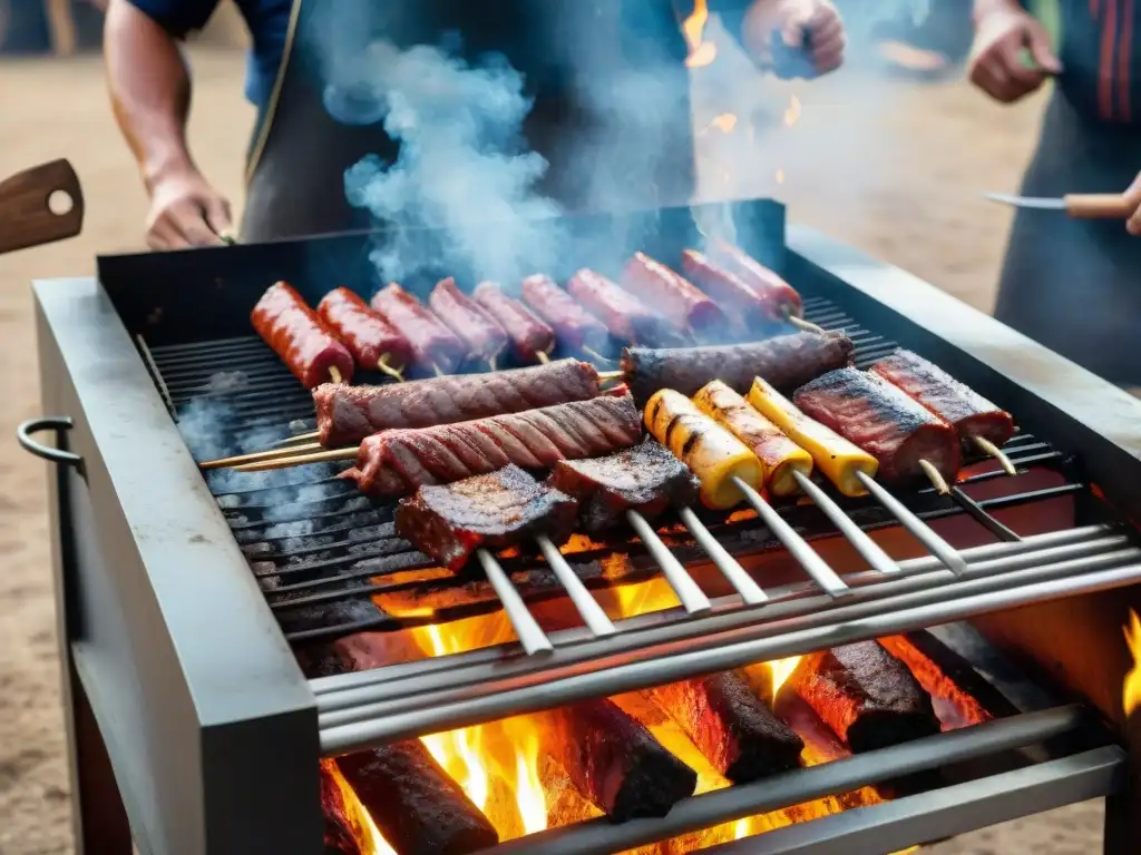 Un asado uruguayo auténtico: carnes variadas cocinándose sobre brasas, rodeadas de humo y amigos