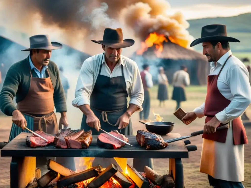 Un asado uruguayo auténtico: gauchos habilidosos preparan carne a la parrilla en un escenario campestre pintoresco al atardecer