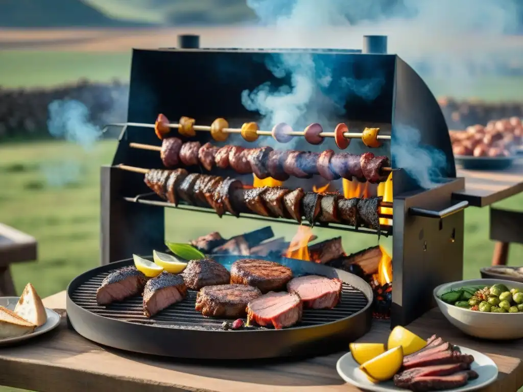 Asado uruguayo con influencias europeas, gauchos asando carne al aire libre bajo cielo azul