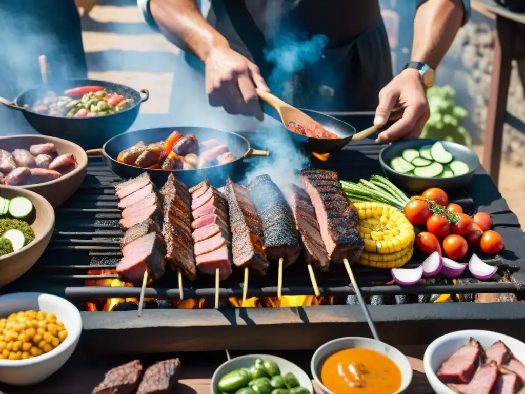 Preparación de asado uruguayo en parrilla al aire libre con variedad de carnes y verduras