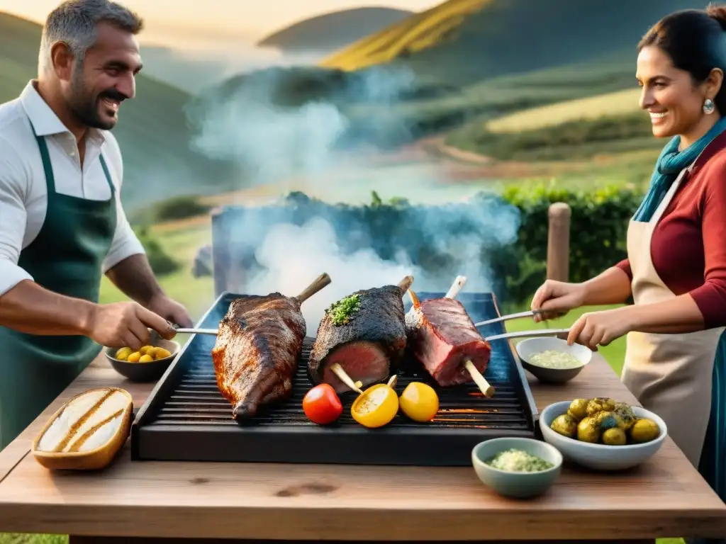 Un asado uruguayo tradicional: amigos y familia alrededor de la parrilla, con la cálida luz del atardecer