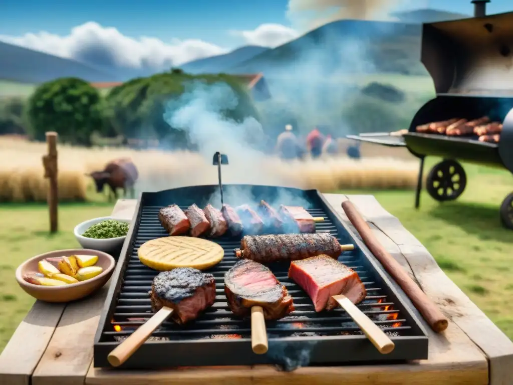 Un asado uruguayo tradicional en el campo, gauchos cocinan carne a la parrilla con chimichurri y vegetales asados