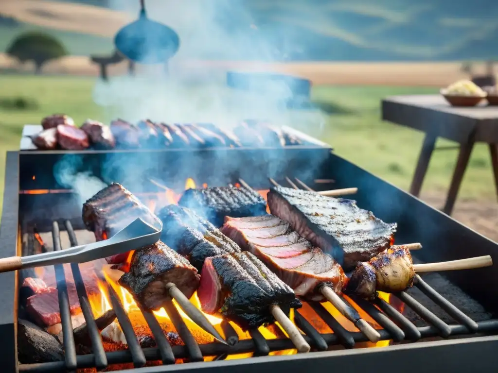 Un asado uruguayo tradicional cocinado a la parrilla en el campo, destacando el turismo gastronómico responsable en Uruguay