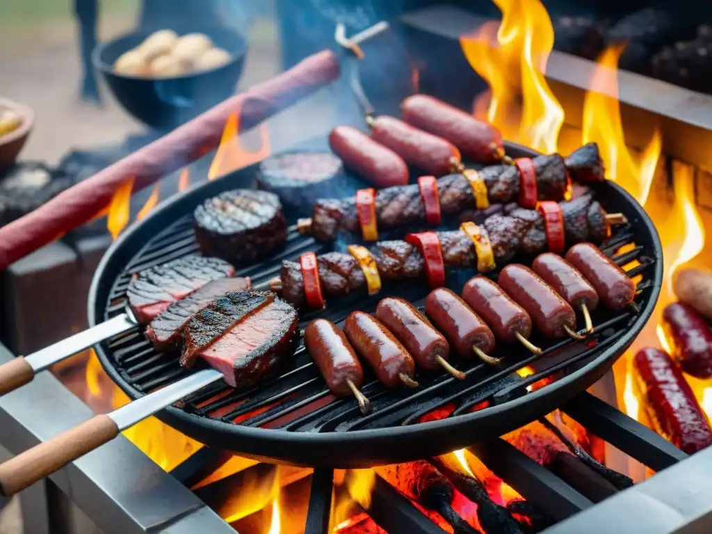 Un asado uruguayo tradicional con cortes premium, chorizos y morcillas, cocinado por un gaucho experto