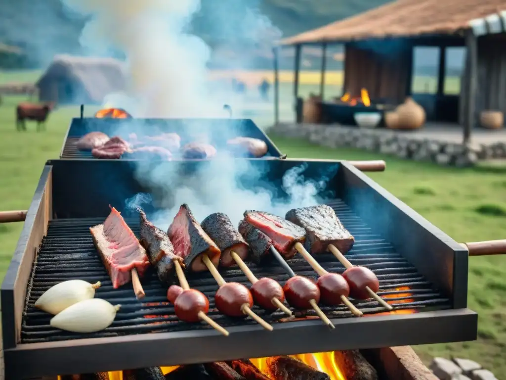 Un asado uruguayo tradicional con gauchos, carnes y paisajes rurales