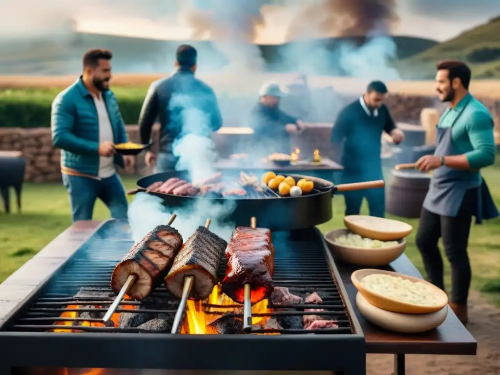 Un asado uruguayo tradicional en pleno apogeo, con una variedad de carnes en la parrilla y personas disfrutando al aire libre