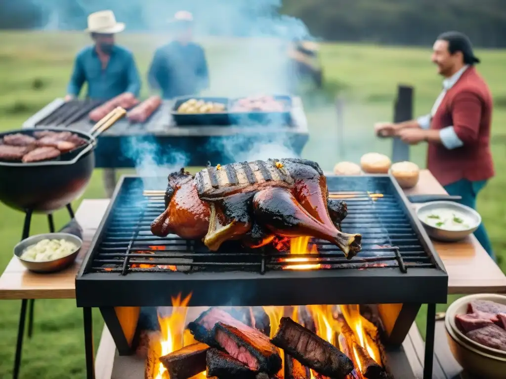 Un asado uruguayo tradicional en pleno apogeo, con carnes variadas en la parrilla y gente ansiosa por disfrutar