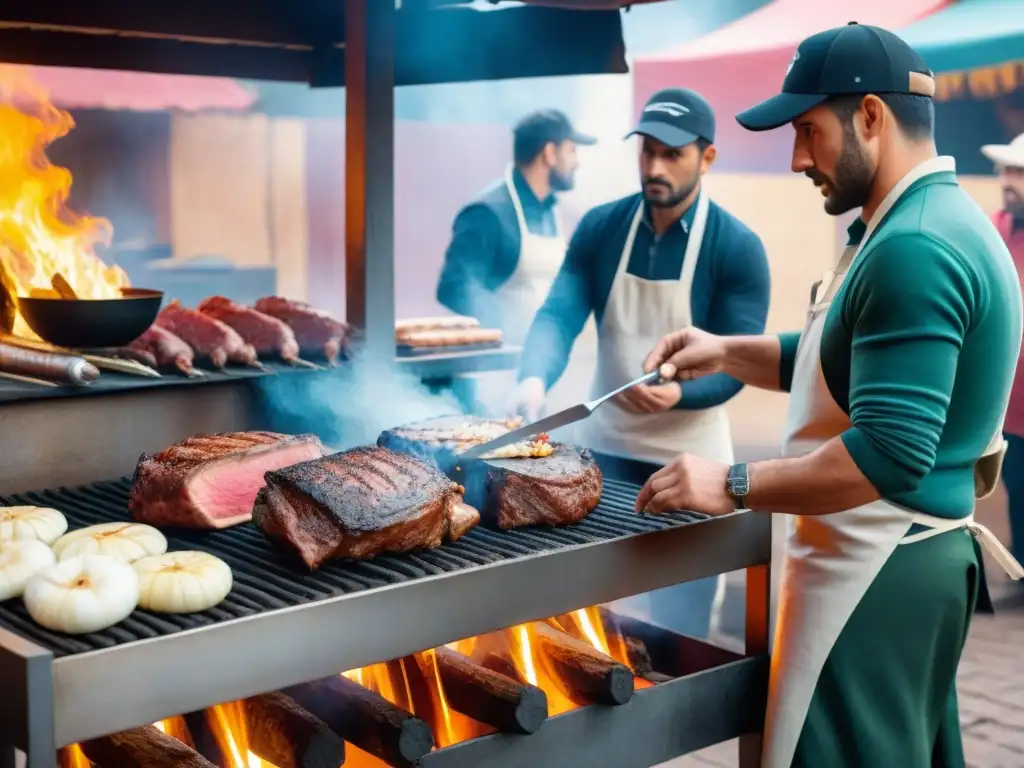 El asador experto prepara un asado en uno de los mejores puestos de asado en Uruguay