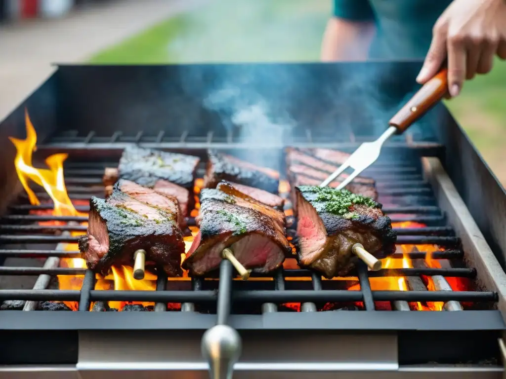 Un asador experto prepara una parrilla uruguaya tradicional con cortes de carne sobre las llamas