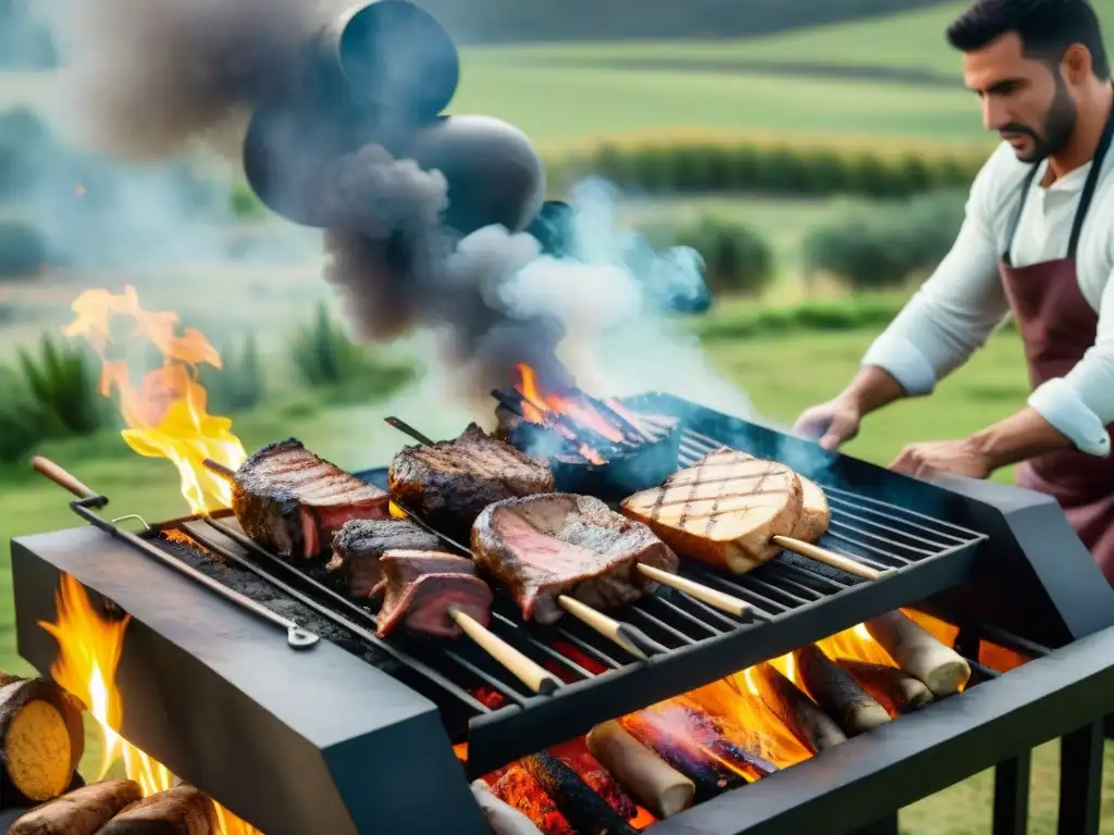 Un asador experto prepara una parrillada uruguaya en la Ruta del asado, rodeado de naturaleza y amigos ansiosos