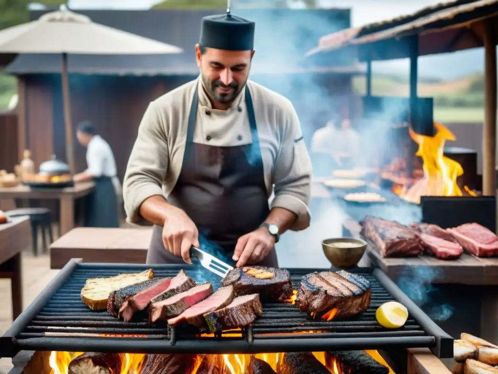 Un asador uruguayo preparando una parrilla tradicional con cortes de carne al fuego, en un entorno rústico gaucho