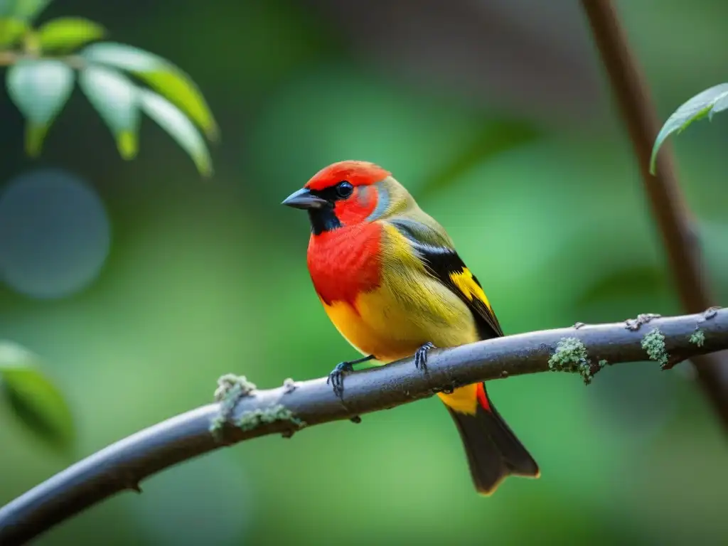 Un asombroso Scarlet Tanager en una rama, con plumaje rojo intenso y ojos curiosos