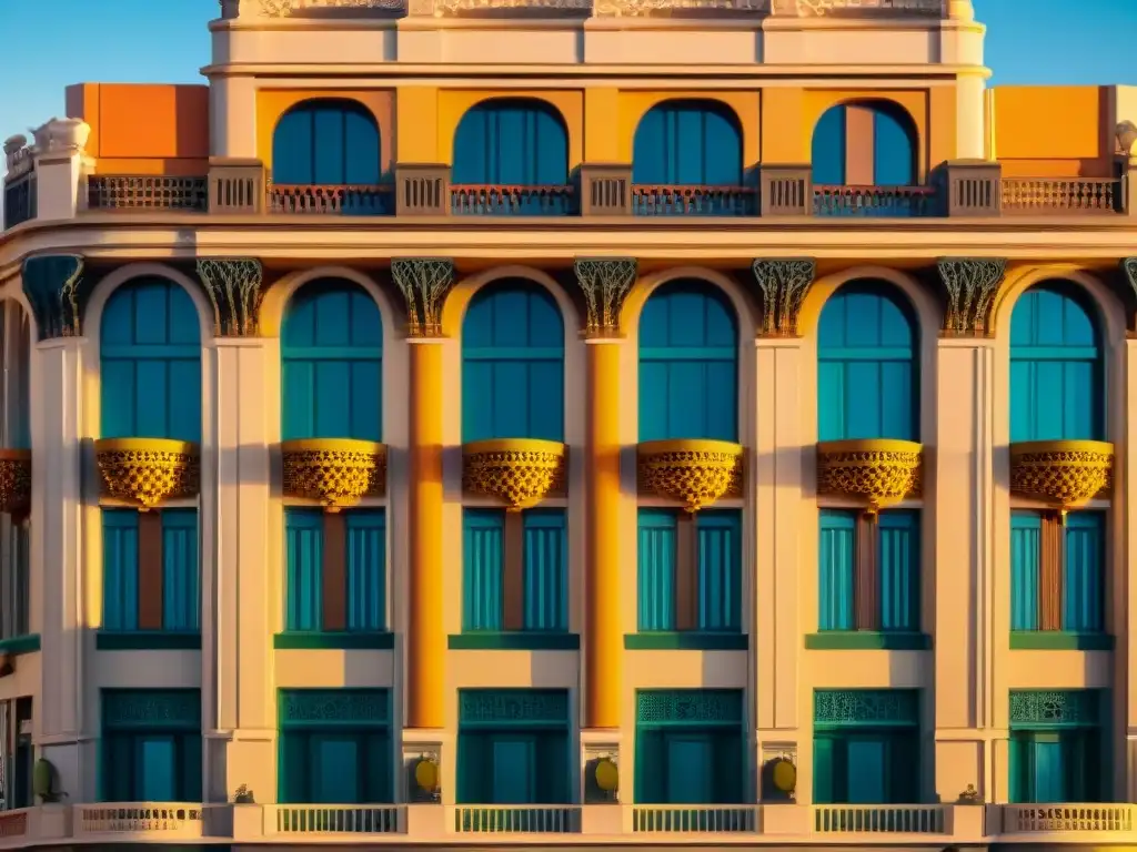 Un atardecer cálido ilumina el icónico Palacio Salvo en Montevideo, destacando su arquitectura Art Deco