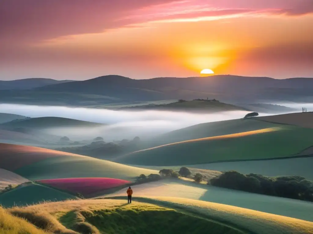 Atardecer en Uruguay: paisaje de colinas con cielo naranja y rosa, figura capturando la escena