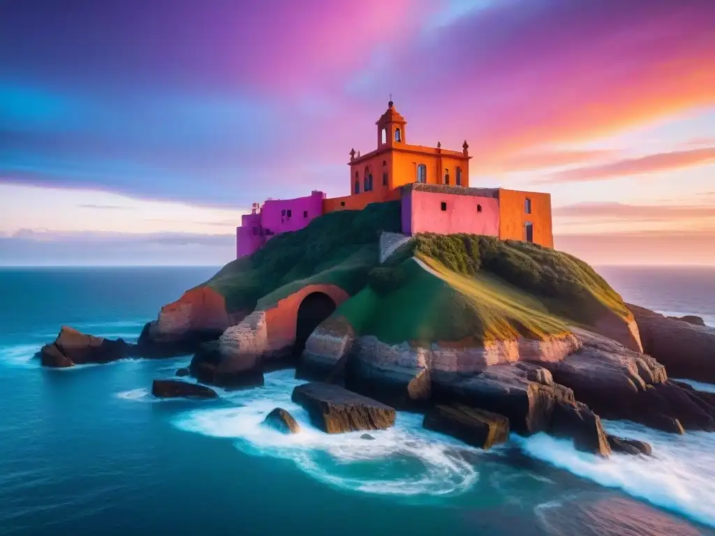 Un atardecer colorido sobre Casapueblo en Punta Ballena, Uruguay