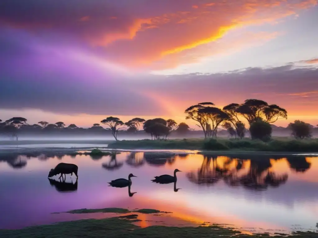 Un atardecer colorido sobre humedales uruguayos con fauna variada en su hábitat natural