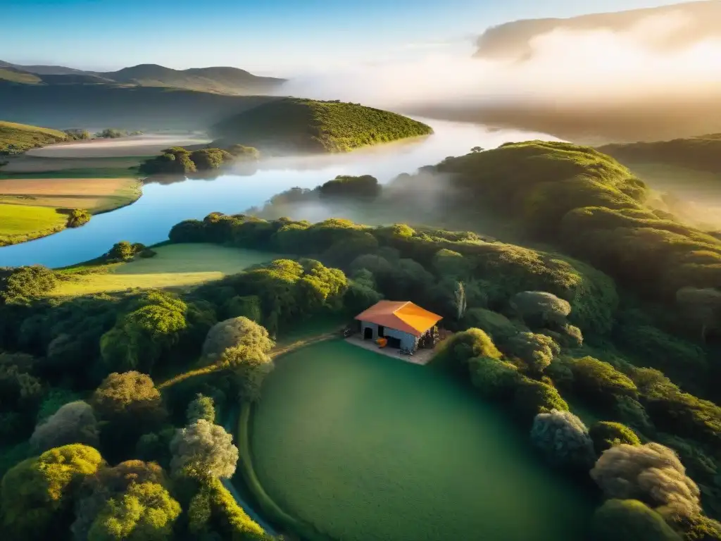 'Atardecer dorado en cabaña rústica rodeada de naturaleza en Uruguay para aventureros