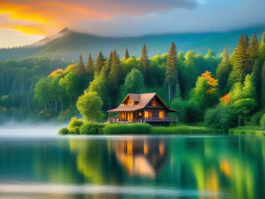 Un atardecer dorado sobre cabañas de ensueño en Uruguay, con una pareja disfrutando la paz del entorno natural