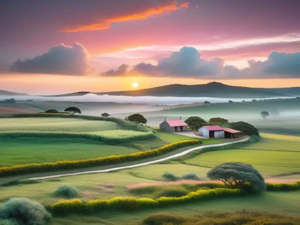 Un atardecer dorado sobre Treinta y Tres, Uruguay, con un cartel que señala hacia Historias de Revolución en Uruguay