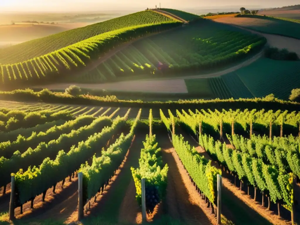 Un atardecer dorado ilumina la cosecha de uvas en Uruguay, con viñedos exuberantes y agricultores locales recolectando con cuidado