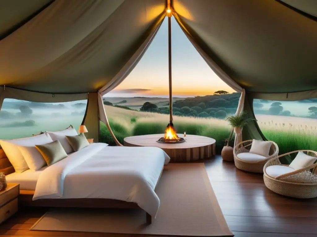 Un atardecer dorado ilumina un elegante glamping en Uruguay, fusionando lujo y naturaleza