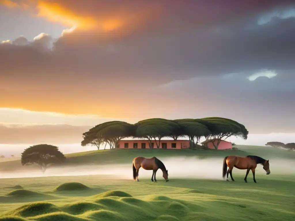 Un atardecer dorado en una estancia exclusiva en Uruguay, con caballos elegantes pastando