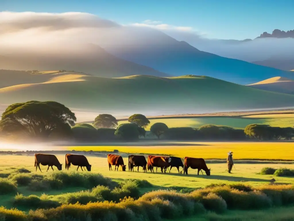 Un atardecer dorado en una estancia uruguaya, con gauchos a caballo y casa de adobe