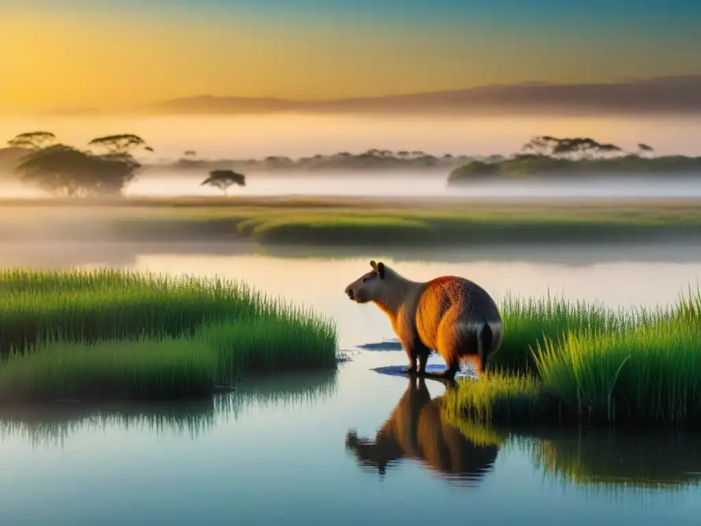 Un atardecer dorado en Esteros de Farrapos, Uruguay, con un carpincho en primer plano y exuberante naturaleza