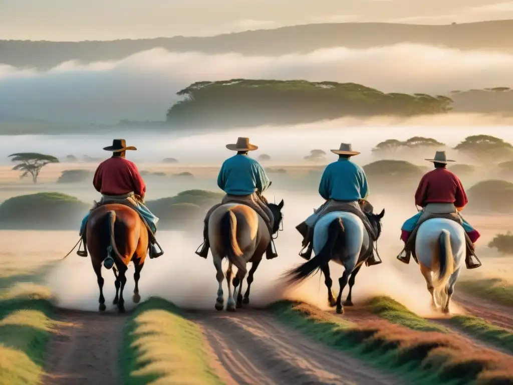 Un atardecer dorado en la Fiesta Patria Gaucha Uruguay: gauchos en caballos pastorean ganado en llanuras