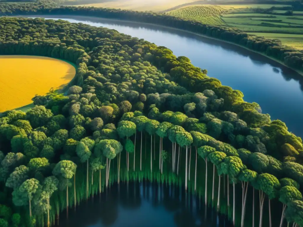 Atardecer dorado sobre frondoso bosque uruguayo con río serpenteante