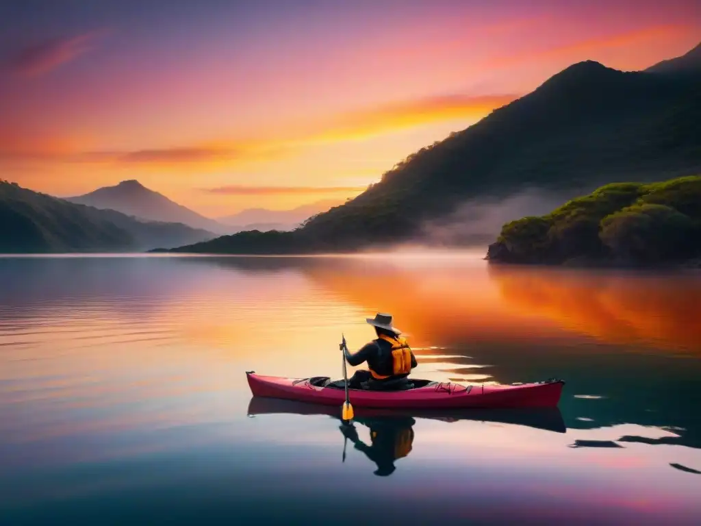 Un atardecer dorado en Laguna Garzón con un kayakista solitario en un lago tranquilo