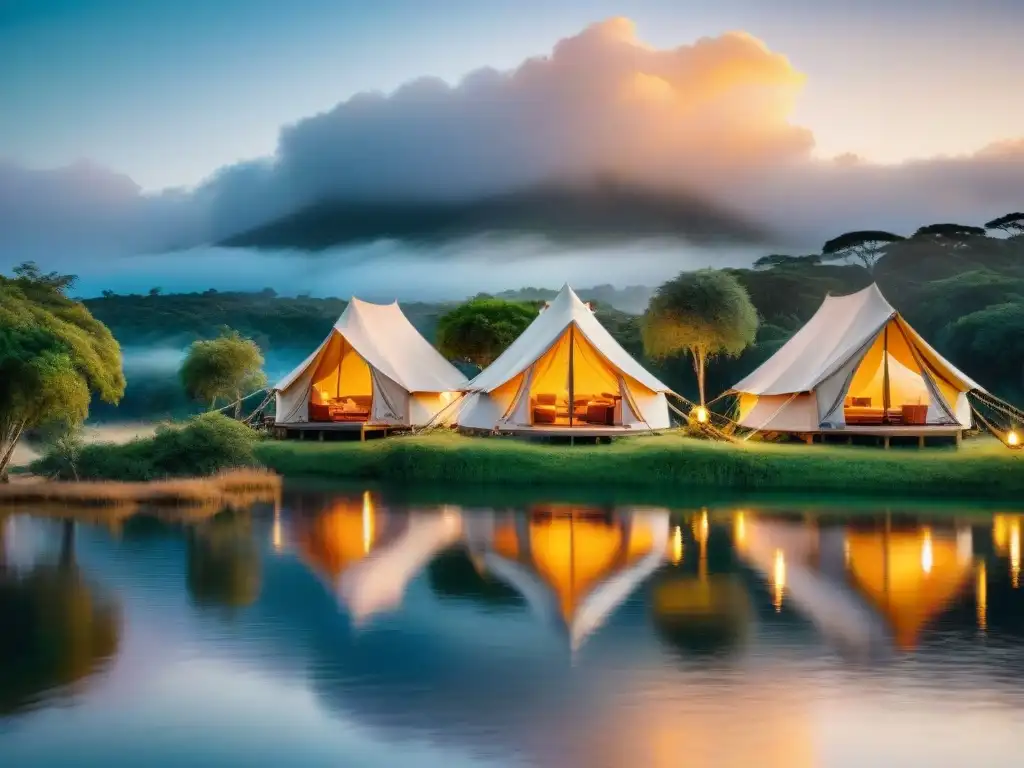 Atardecer dorado en lujoso glamping en Uruguay, tiendas safari entre naturaleza exuberante y huéspedes relajándose junto a fogata