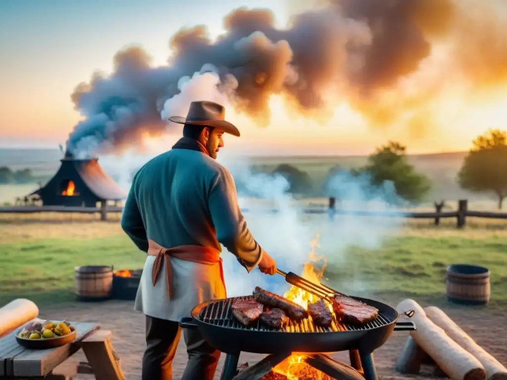 Un atardecer dorado envuelve la parrillada uruguaya, con gauchos y asador experto