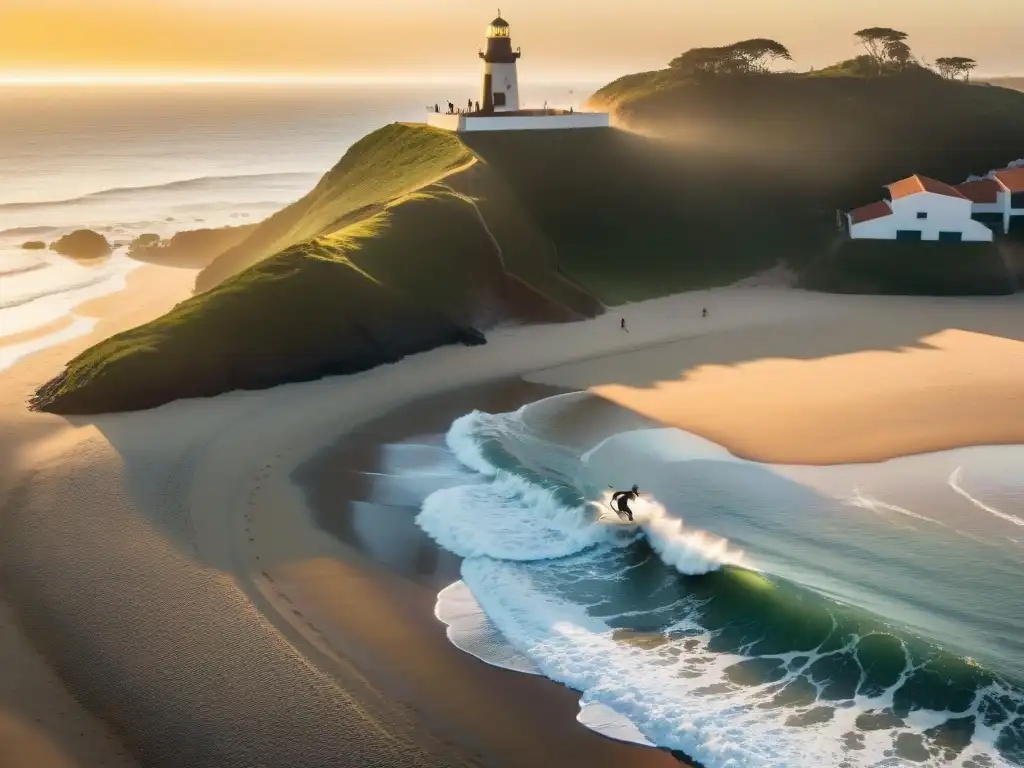 Un atardecer dorado en Playa La Paloma, Uruguay, donde surfistas locales disfrutan del mar con el icónico faro de fondo