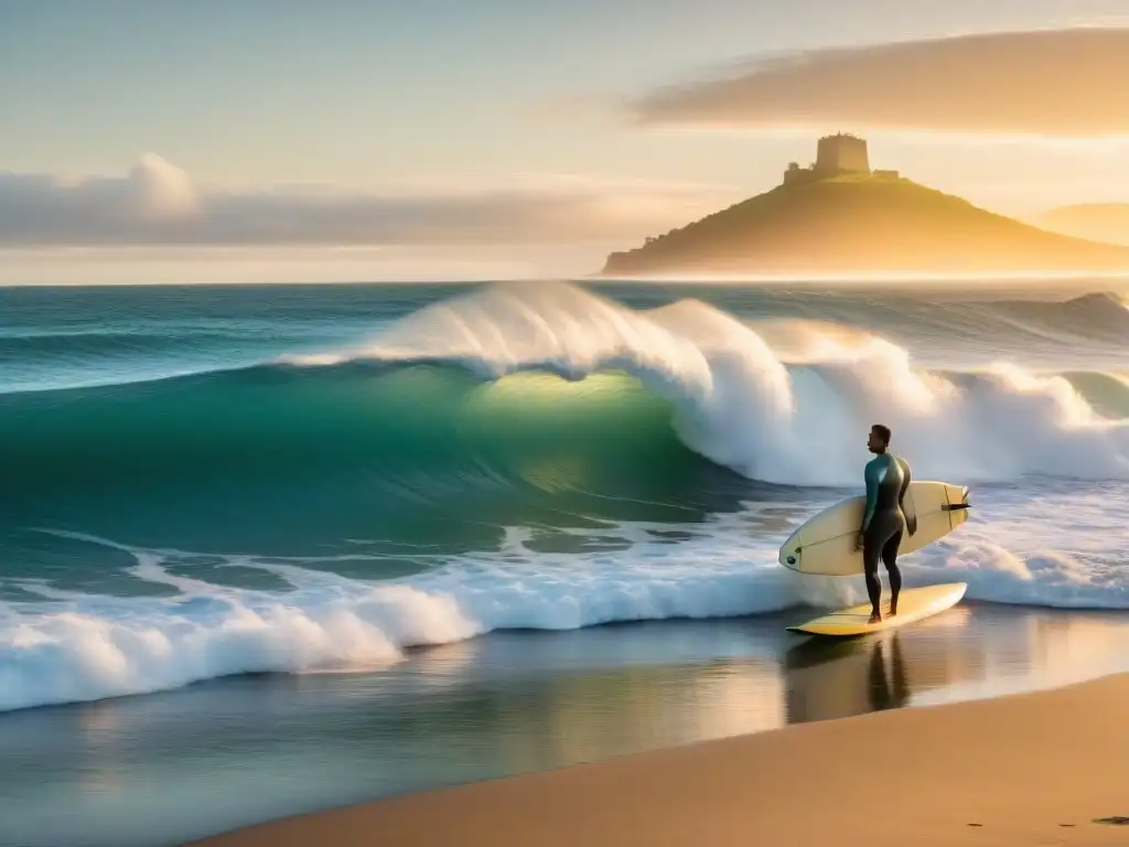 Un atardecer dorado en una playa serena de Uruguay durante sesiones de surf terapéutico, lleno de esperanza y unión