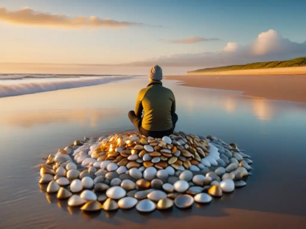 Atardecer dorado sobre playa tranquila en Uruguay, ciclista meditando