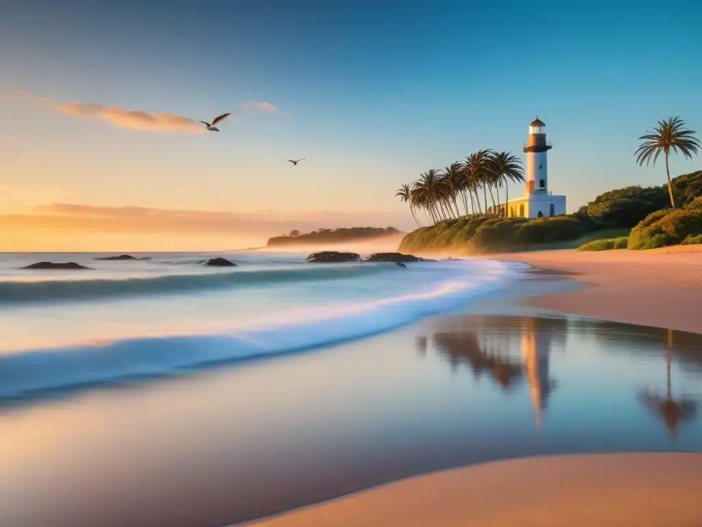 Atardecer dorado en playa de Uruguay, invitando al turismo virtual en playas uruguayas