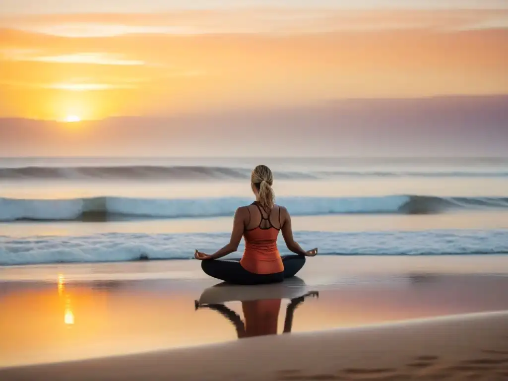 Un atardecer dorado en una playa de Uruguay, donde se combina yoga y surf en un escenario de serenidad y armonía